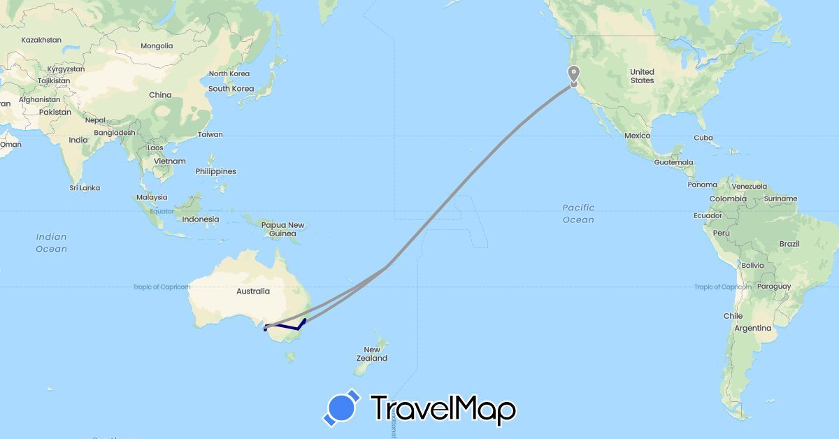 TravelMap itinerary: driving, plane in Australia, Fiji, United States (North America, Oceania)